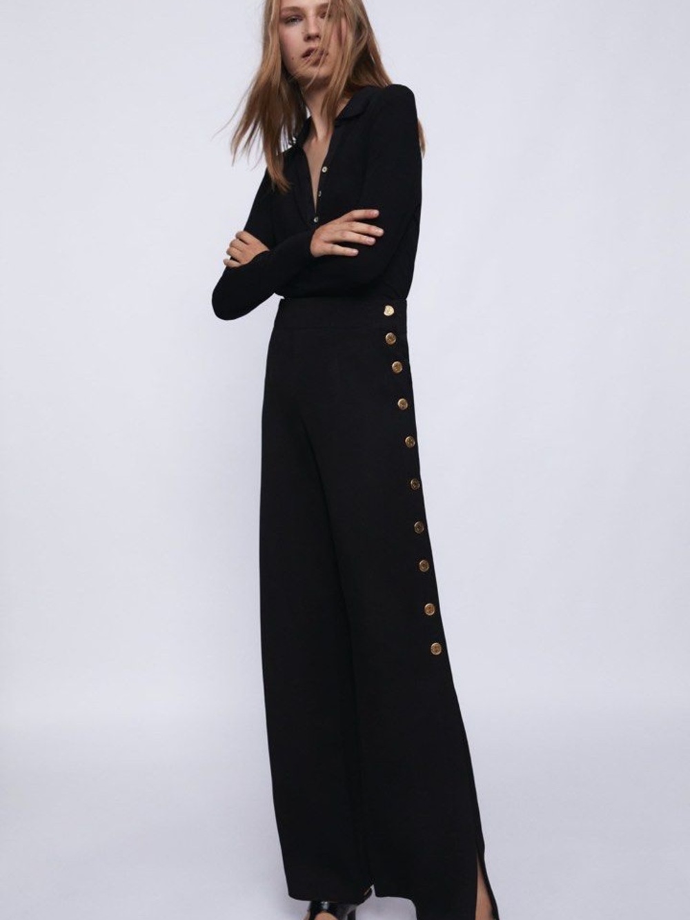 Zara Gold Buttons Palazzo Pants - High-waist